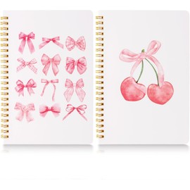 Haooryx 2pcs Pink Coquette Aesthetic Notebooks, Coquette Preppy Theme Spiral Journal Notebook, Pink Bow Cherry Watercolor Aesthetic College Hardcover Spiral Notebooks for School Stationery Supply