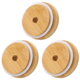3 Pack Wide Mason Jar Lids with Straw Hole, 3.39 inch/86mm Bamboo Mason Jar Lids for Wide Mouth Drinking Jars, Reusable Bamboo Cover, Perfect for Glass Cups and 16 OZ Beer Can Glass