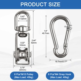 M15 Pulley, Pack of 6 Pulley M15 & 6 Carabiner M4, Stainless Steel Pulleys for Wire Ropes Ropes up to 6 mm Diameter, Load Capacity 35 kg (Silver) Roller for Awning, Fitness, Winch