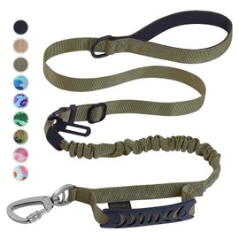 Hotsky Tactical Dog Leash Heavy Duty for Medium Large Dogs, 4-6Ft Strong Bungee Shock Absorbing Dog Leash, Padded Double Handle Military Dog Leashes with Car Seatbelt for Training, Army Green