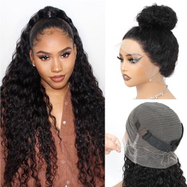 Hidden Strap 360 Lace Front Wigs Human Hair Deep Wave 360 Full Lace Human Hair Wigs For Black Women 360 HD Lace With Drawstring Upgraded Curly Glueless Wig (16 Inch)