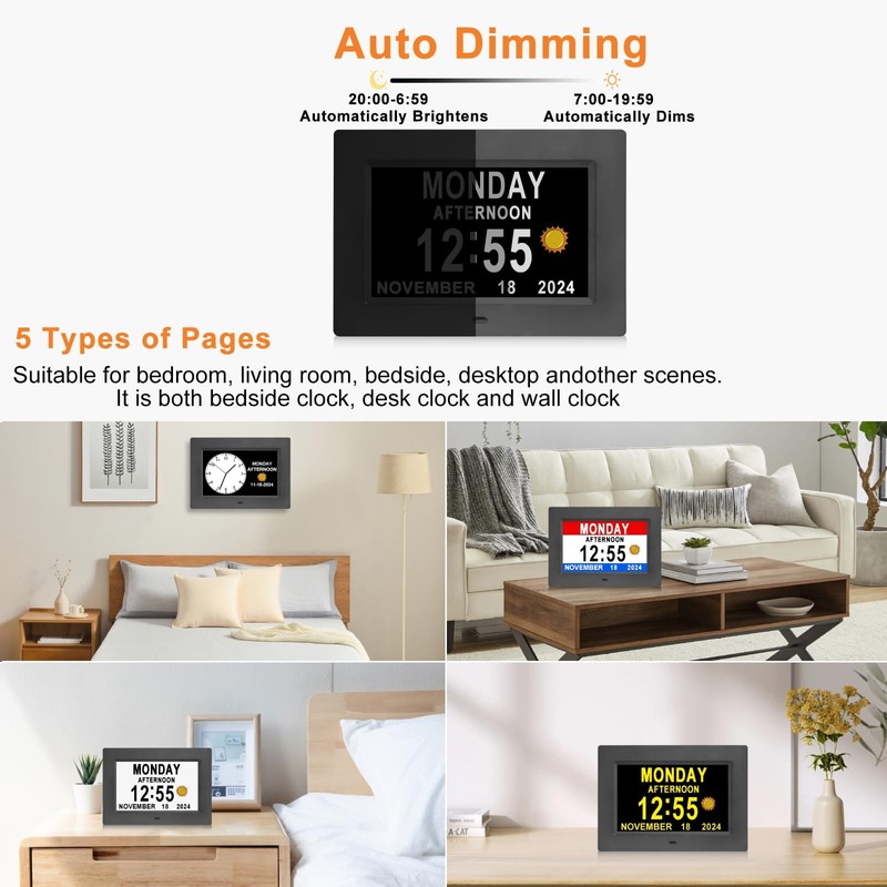 SSINI Digital Calendar Dementia Alarm Clock with Day and Date