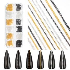 WOKOTO 12 Gold Black And Silver Metallic 3D Nail Chains Charms Punk Ball Beads Fingernails Nail Charms Bling Design Gold Silver Jewels Diy Craft Decoration Accessories Chain Nail Charms Jewelrys