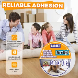 ANLOKE Double Sided Carpet Tape for Area Rugs -Rug Tape 2 Inch x 12 Yards - Residue-Free Heavy Duty Rug Tape Gripper for Hardwood Floors，Removable,