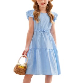 Arshiner Toddler Dresses Summer Beach Double-Ruffle Sleeves Princess Dress Light Blue 4Y