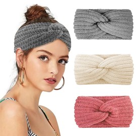 smartelf Pack of 3 Women's Winter Knitted Headband Children Girls Headbands Knitted Hair Band Ear Warmers Elastic Headbands Women Headband Girls Winter (Beige + Grey + Pink)