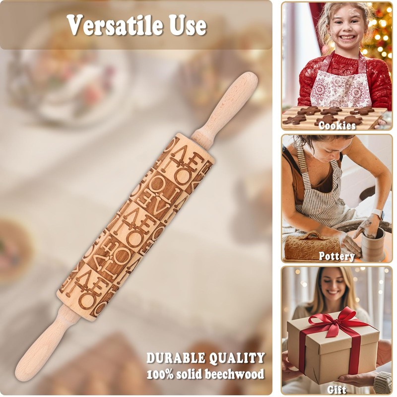 LOVE Embossed Rolling Pins for Cookies, Wooden Engraved Rolling Pins
