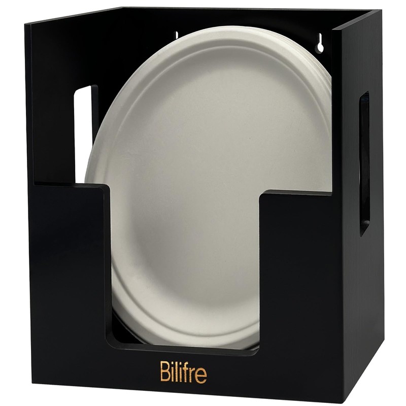 Bilifre Black Bamboo 8/9/10-Inch Paper Plate Holder, No-Drill Wall-Mounted, Countertop