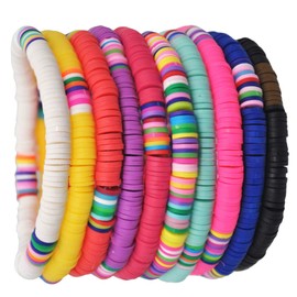 EXCEART 10pcs Colorful Heishi Bracelet Friendship Bracelets Polymer Clay Bracelet Heishi Bracelets Boho Surfer Bracelets African Vinyl Disc Bracelet for Summer Beach, ['Polymer Clay', 'Alloy'],