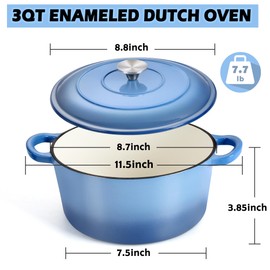 TeamFar 3qt Dutch Oven, Small Enameled Cast Iron Dutch Oven Pot with Lid, For Bread Baking/Stewing/Braising/Frying, Various Stoves & Oven Safe, Non-stick & Easy Clean, Blue