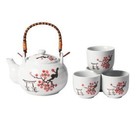 Urban Tokyo Japanese Cherry Blossom Torii Gate Design Tea Set, 22 oz Ceramic Teapot with 4 Cups, White with Bamboo Handle