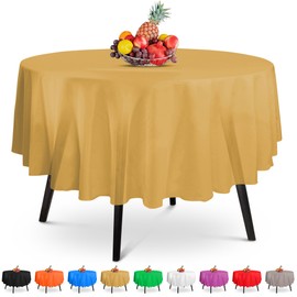 5 Pack Premium Gold Plastic Tablecloth - 84 x 84 in. Disposable Round Plastic Table Cloth - Decorative Round Table Cover Smooth Table Cover - Disposable Table Cloths for Parties, Weddings And Parties