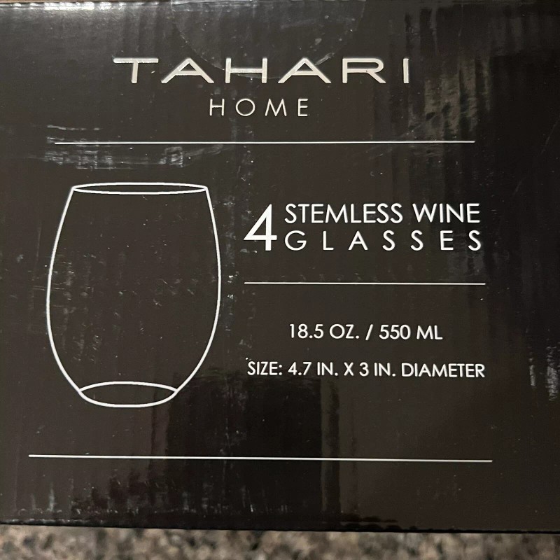 Tahari Home 4 Stemless Wine Glasses 18.5 oz Ergonomic Durable