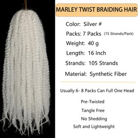 7 Packs Marley Twist Braiding Hair 16 Inch Marley Twist Hair Long Silver Marley Hair for Black Women Faux Locs Afro Twist Hair Extensions (Silver, 16INCH(pack of 7))