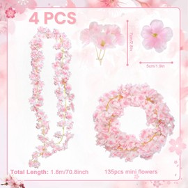 VISLANTE Pack of 4 Cherry Blossoms Artificial Flowers Garland, 180 cm, Cherry Blossoms, Decorative Flower Garland, Artificial Flowers, Silk Flowers, Hanging Vines for Wedding, Garden, Party, Wall