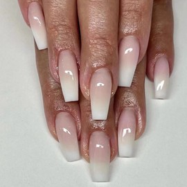 MERVF Coffin Press on Nails Long Fake Nails Ombre White French Tip Ballerina Glue ons with Gradient Designs Glossy 24pcs Acrylic Artificial False Nail for Women