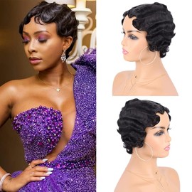 Fereowth Human Hair Wig Short Short Pixel Cut Finger Wavy Wig Women Natural Wig Human Hair Curly Brazilian Women Wigs (Black)