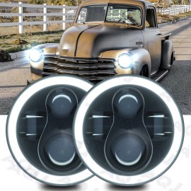 AQJ For Tri-five Chevy Pickup 3100 Truck 2PCS 7" LED Headlights Round DRL Hi/Lo Lamp