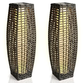 VIHOSE 2PCS 7.87 x 6.3 x 27.17 in Solar Powered Outdoor Floor Lamp Resin Wicker Solar Floor Lamp with 26 LED Light, 40 Lumen Weather Resistant Rattan Outdoor Lantern for Patio Yard Courtyard (Classic)