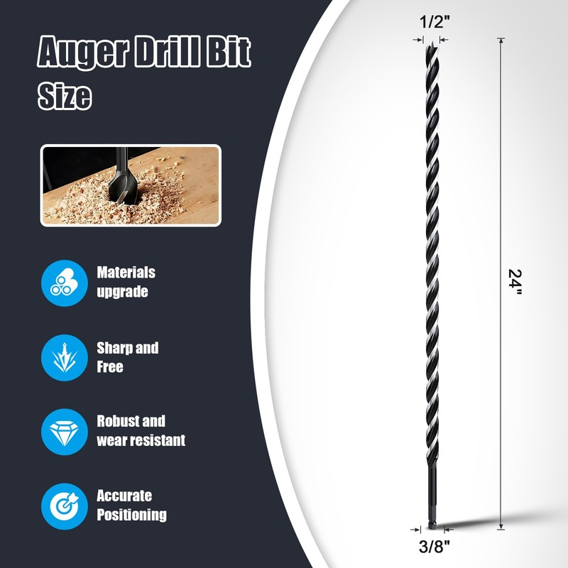 1/2" x 24" Auger Drill Bit for Wood, Hex Shank