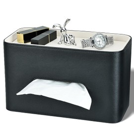 GORESE Cosmetic Tissue Box with Tray, Leather Tissue Box, Paper Tissue Holder Tissue Box for Office, Home, Car, Bathroom, Tissue Box Tissue Dispenser with Shelf for Small Items (Black)