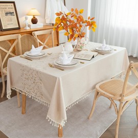 Charoama Waterproof Leaves Embroidery Yarn Tassel Tablecloth 60x102 inch - Faux Burlap Wrinkle Resistant Farmhouse Rustic Table Cloth - Three-Dimensional Flower Table Cover for Kitchen Parties