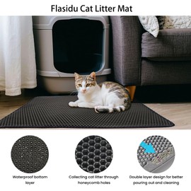 Flasidu Extra Large Black Cat Litter Mat, EVA Double-Layer Waterproof & Non-Slip, Honeycomb Design, Anti-Tracking, Reusable & Easy Clean (47x28in)