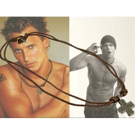 Men's Metal Cross Pendant on Brown Double Strand Leather Cord Choker Long Necklace