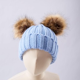 SERENYOU Kids Winter Beanie Hat Double Pom Pom Toddler Boys Girls Warm Knitted Bobble Cap 3-10 Years Blue