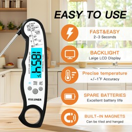 KULUNER TP-01 Waterproof Digital Instant Read Meat Thermometer with 4.6 Folding Probe Backlight Calibration Function for Cooking Food Candy, BBQ Grill, Liquids,Beef(White)
