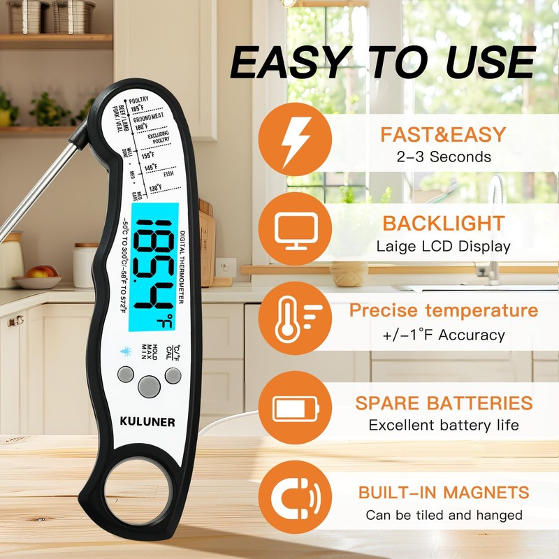 KULUNER TP-01 Waterproof Digital Instant Read Meat Thermometer with 4.6