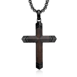 Black Ebony Cross Necklace For Men, Stainless Steel Cross Pendant Christian Jewelry for Men First Communion Confirmation Baptism Religious Gift to Son Father Brother Husband Boyfriend for Him