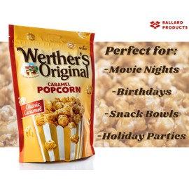 Werther's Original Caramel Popcorn Pack of 6 Bags of Classic Caramel Popped Popcorn - Popped Kettle Corn Snack Bags - Bundle with Ballard Products Pocket Bag