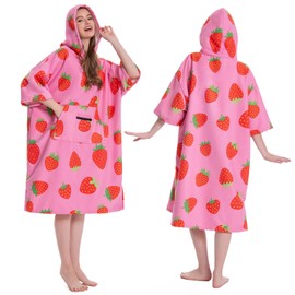 OLAOLA Changing Robe Towel Poncho, Adult Surf Poncho Towel with Hood and Pocket, Oversized Soft Absorbent Quick Dry Swim Beach Towel for Women Men, Strawberry