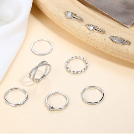 MILACOLATO 9PCS Silver Rings for Women Girls 14K Gold Plated Stackable Knuckle Rings Set CZ Heart Stacking Band Ring Simple Dainty Wedding Ring Comfort Fit Size R 1/2