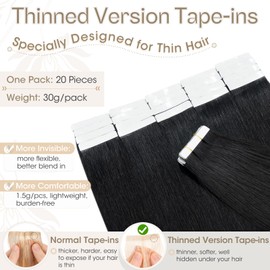 Elailite Tape in Hair Extensions Real Human Hair 20 Pcs 30g Invisible Thin Type - Seamless Skin Weft Remy Hair Extension (#1 Jet Black, 20 Inch)