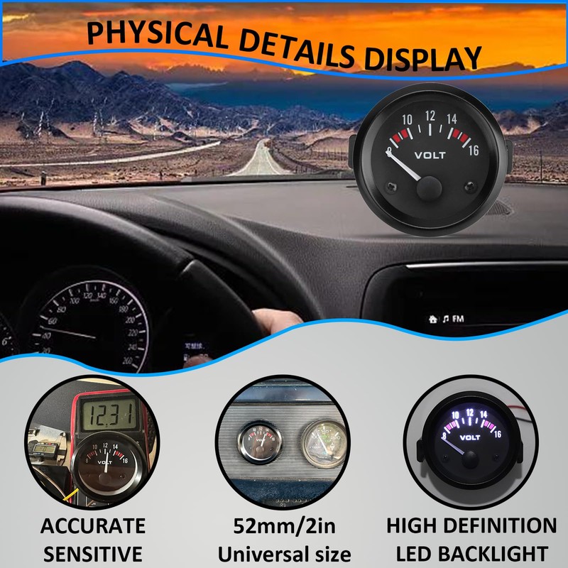 Crumye 12V Universal Car Voltmeter of 52mm/2in Diameter 8-16V Measurement