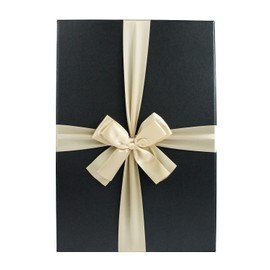 Emartbuy Rigid Gift Box, 33.5 x 25 x 11.5 cm, Black Box with Lid and Gold Cream Satin Ribbon
