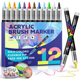 GOTIDEAL Acrylic Paint Markers Brush Tip,Waterproof Paint Pens acrylic Markers,No Bleed Acrylic Brush markers for Fabric,Wood,Rocks,Canvas Painting,Glass,Ceramic,Art Craft Supplies(12 Colors)