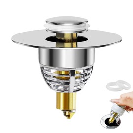 Bathroom Sink Plug Replacement with Brass Bounce Core, 32-42 mm Universal Pop-up Bathroom Sink Plug Stainless Steel Drain Stopper Filter with Basket Hair Catcher for Sink Bathtub Kitchen