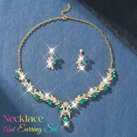 Brishow Crystal Necklace and Earring Set Green and Gold Rhinestone Bridal Jewelry Sets Leaf Green Costume Jewelry Necklace for Women (green and gold)