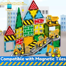 Oriate Rolling Construction Toys for Magnetic Tiles, 5pcs Construction Vehicle Toys Compatible with Magnet Tiles, Kids Trucks for Magnetic Building Blocks Magnetiles, Educational Gift Boys Girls