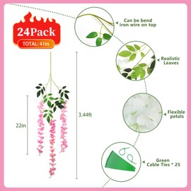 24PCS Deep Pink Artificial Wisteria Hanging Flowers, 3.44 Ft Fake Hanging Flowers Garland Silk Flowers, Faux Wisteria Garland Vines for Outdoor Yard Garden Patio, Wedding Arch Backdrop Home Decoration