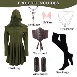 KUKIKUKI Medieval Clothing Women's Gothic Dress Women's Medieval Hooded Dress Set, Medieval Costume Women's Renaissance Cosplay Costume Adult with Accessories