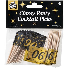 Jesters Party 90 Number Cocktail Picks - 50pcs Classy Party Toothpicks for 90th Birthday Party and Celebrations - Black and Gold Cocktail Sticks for Food Decorations