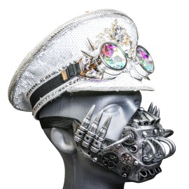GIFTSHOP101 White Sequins Steampunk Captain Cap Kaleidoscope Goggle with Silver Mouth Mask