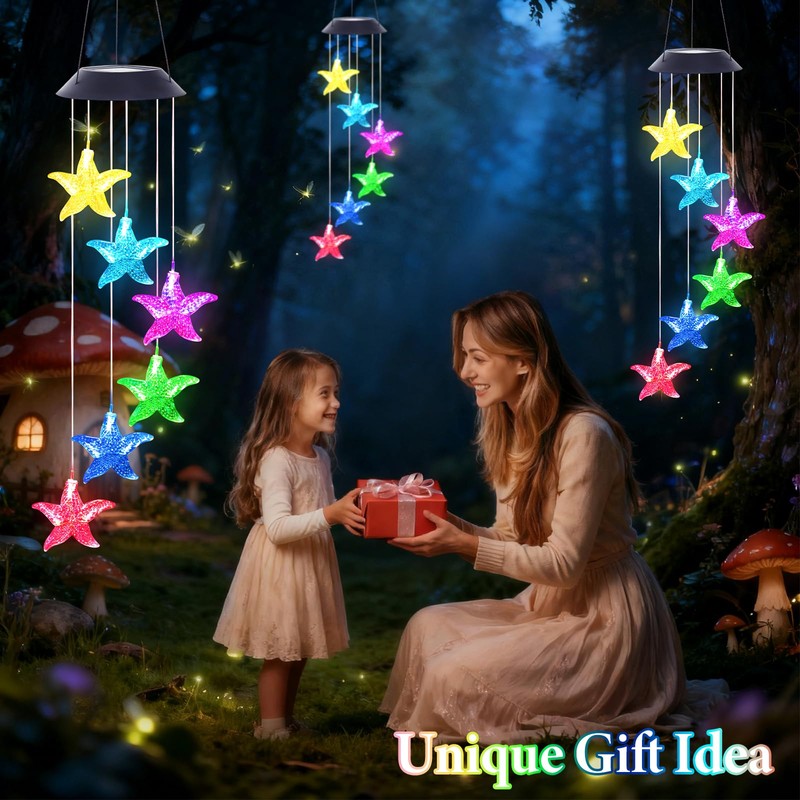 Starfish Solar Wind Chimes for Outside with Color Changing LED