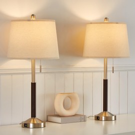 YAMEIWAN 28" Silver Bedside Lamps Set of 2 for Bedroom - Modern Table Lamp with USB Charging Port for Living Room End Table - Mid Century Modern Lamp with 3-Way Dimmable and Pull Chain Switch