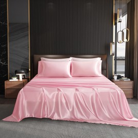 NA HommxJF 4PCS Pink Satin Sheets King Size Pink Silky Silk Sheets Sets Lightweight Soft Bedding Sets with 1 Flat Sheet+1 Deep Pocket Fitted Sheet+2 Pillowcases
