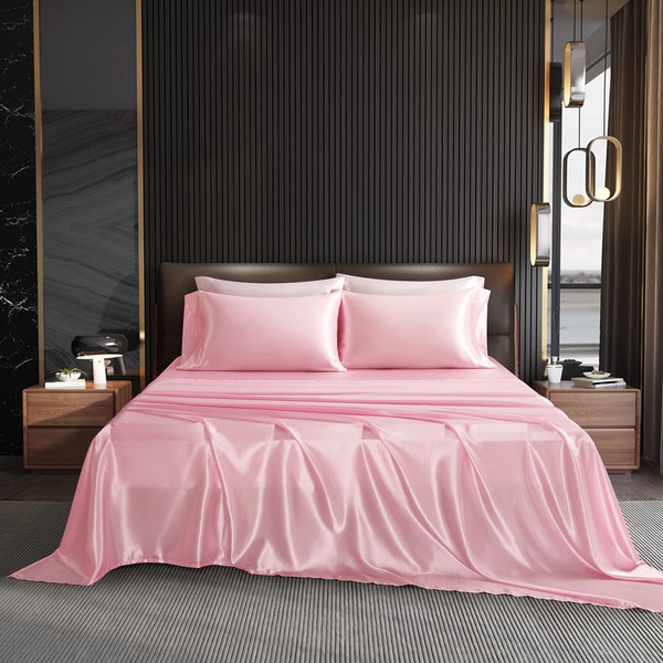 NA HommxJF 4PCS Pink Satin Sheets King Size Pink Silky